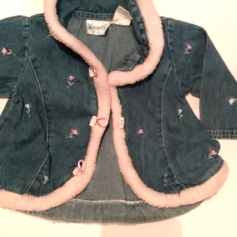 Vintage denim jacket with pink flowers and pink fussy sleeves
